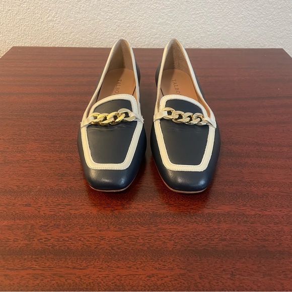 Talbots Estelle Navy Blue White Leather Trim Chain Loafers Flats - Picture 2 of 10
